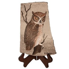 Owl Painting on Slate Handpainted Great Horned Owl Signed by Artist Vintage