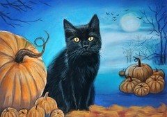 Black Cat with pumpkin Original pastel painting 8х11″ mistical Halloween artwork