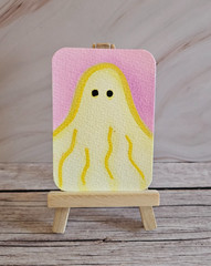 ACEO Original Painting Yellow Ghost Watercolor Tiny Art Pastel Pink Spooky Cute