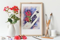 Original Watercolor Red Geranium Flower Painting – Floral Wall Art, 12″ by 9″