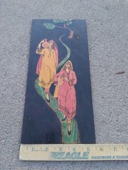 Vintage Painting On Wood Original Hand Painted Women Walking with Water