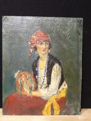 1930s Oil Painting On Board Portrait Gypsy Woman Musician * Kay Read Collection