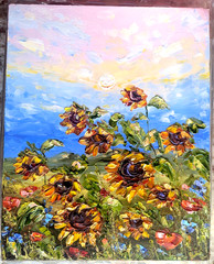 ORIGINAL OIL impasto Painting Sunflowers and Wild Flowers 10″x8″ by Olga Diduh.