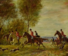 19th c. After Leszek Piasecki, antique oil painting „Hunters at Full Gallop.