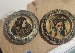 2 vtg wall Art Reverse Painting On Glass Victorian wood gilt frame round 4.5″