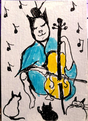 ORIGINAL ACEO PAINTING CAT BLACK MUSIC Miniature ART Card By Carole Collins