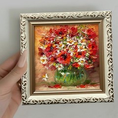 Original Oil Painting Field Bouquet Poppies Floral Small Wall Art Impasto 4x4in