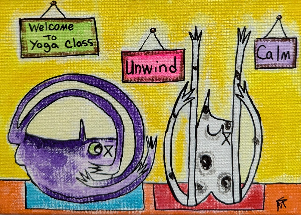 Cat Painting Original Yoga Class Modern Collectible Folk Art By Samantha McLean