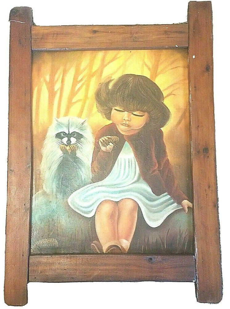 Vtg Painting Unsigned Young Girl & Raccoon Examine Pinecones Oil on Cowhide Ugly