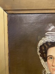 American School Antique Oil Portrait Woman Bonnet Folk Art 19th C