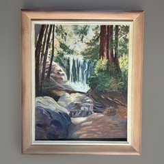 Vintage Landscape Painting with Waterfall, Rocks and Trees Framed Signed