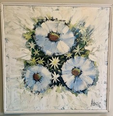 Blue & White Flowers – Oil On Cavas Original MCM Painting – Adams – 36 X 36in