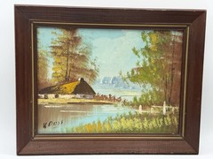 Vintage Oil Painting Cottage By The Lake & A Beautiful Landscape Signed K. Dost
