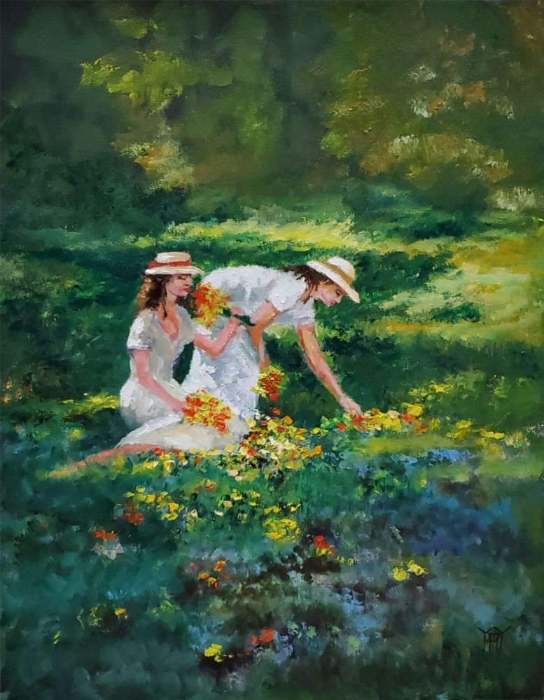 YARY DLUHOS Landscape Meadow Wildflowers Women Figures Original Art Oil Painting