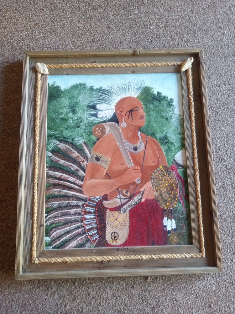 Vintage Framed Indian Chief Painting 15″X19″ 21×25 Framed Nice Quality