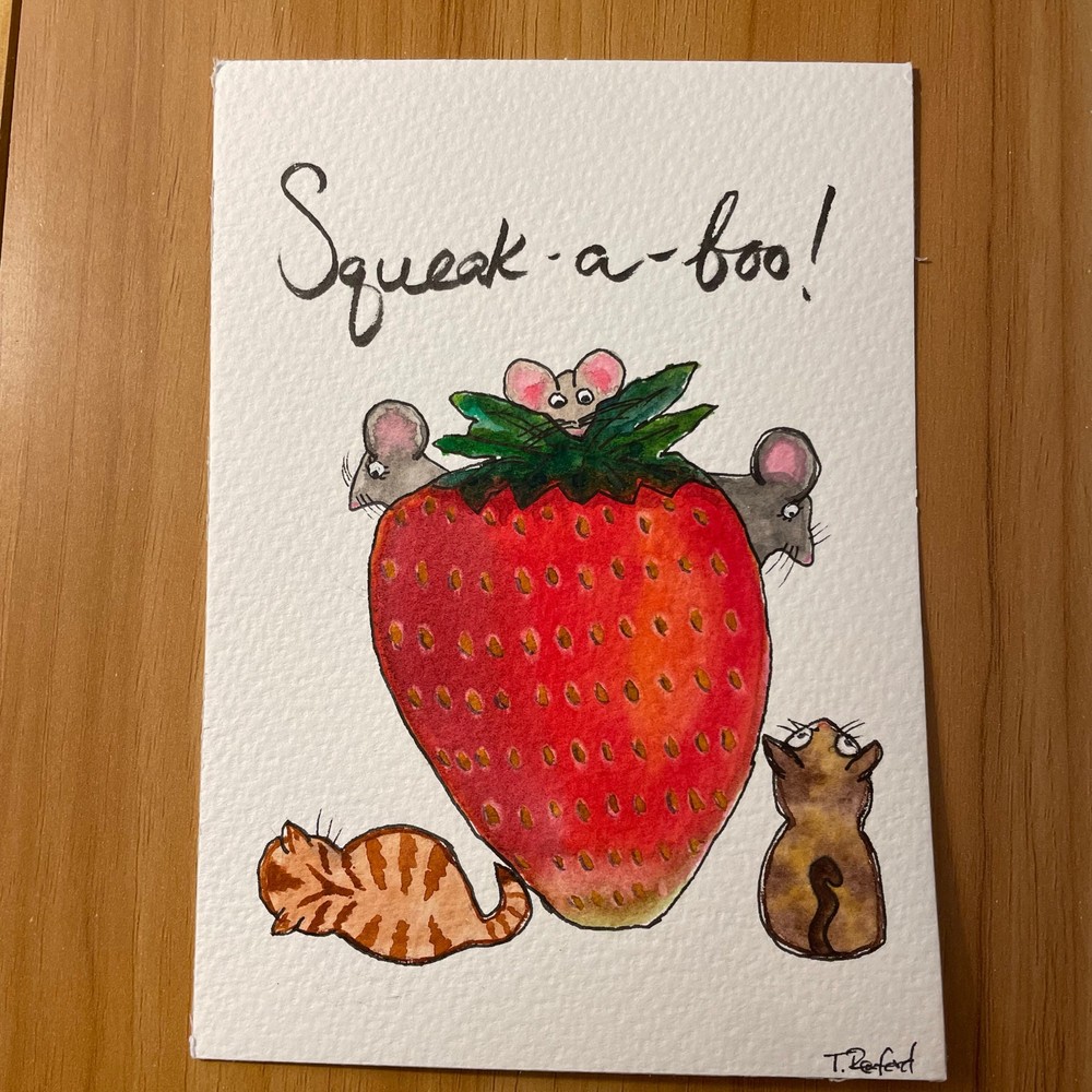 Handmade watercolor painting strawberry mice cats 5×7″