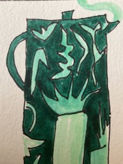 ACEO watercolor art by PJ, art card 2.5 x 3.5: coffee pot.