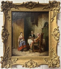 Mark Langlois (1848-1924) : Rustic Figures And Their Cat, Oil On Canvas , Signed