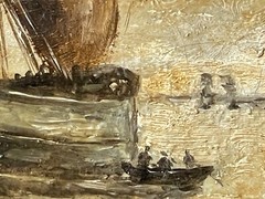 EUGENE BOUDIN – 19th FRENCH HUGE OIL ON CANVAS – SHIPS IN THE PORT OF HONFLEUR