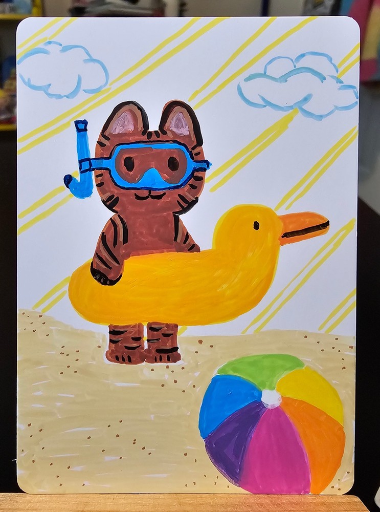 ACEO Original Mini Art Summer Cat Duck snorkel OOAK Painted Acrylic FuzzyInk 1/1