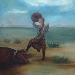 Antique Original Oil Painting on Canvas COWGIRL Roping A Bull Framed 17×16 in