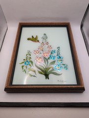 Vintage Handmade Tinsil Painting Artist Signed Hummingbird Flowers 10×13″
