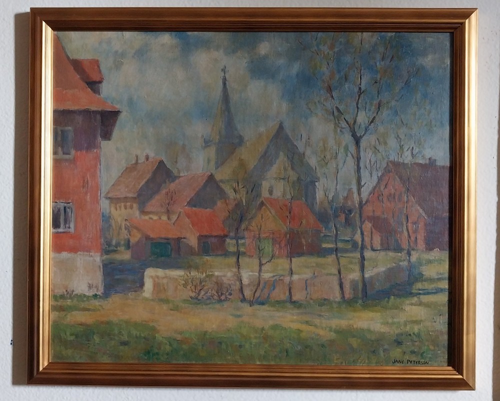 Jane Peterson Original Antique American Rural Village Landscape Oil Painting