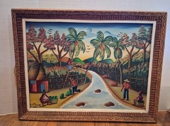 Vintage Haitian Folk Art Painting Signed A.J. Michel Hand Painted 26″ X 33″ EUC