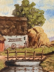 Antique Swedish Skane Farmhouse Oil Painting Signed Sorenson 17.5”x 21.5”