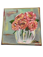 Pink Roses In Vase Painting Canvas Signed 8 X 8” Cottage Original Acrylic