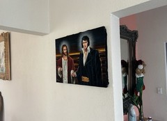 Jesus Christ and Elvis Presley In Heaven black velvet oil painting art