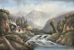 Oil Painting running waterfalls in mountains,small cabin,mountains forest 24×36”