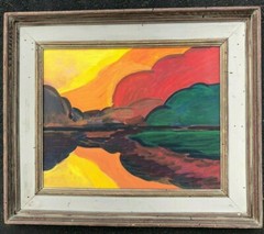 Autumn’s Reflection on Water Landscape Oil Painting-16 x 20″-1960s-I.L. Winarsky