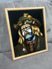 Hobo/Clown Painting Black Velvet On Canvas Cloth 23 X 19″ Vtg. With Frame