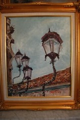 FRAMED ORIGINAL OIL BENT COLONIAL STREET LIGHTS THE AMERICAS ARTIST: HECTO VIDAL