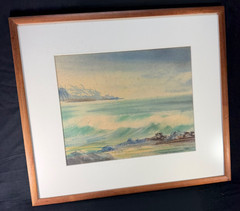 Vintage Hawaiian Coastal Watercolor Painting in Koa Frame unsigned