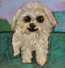 Original bichon frise dog oil painting on wood panel, signed