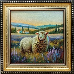 Sheep Original Oil Painting 4×4 Framed Signed Cute Lamb Lavender Landscape Art