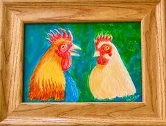 Rooster and Hen Original Painting, Chicken Painting, Kitchen Art 5″x7″