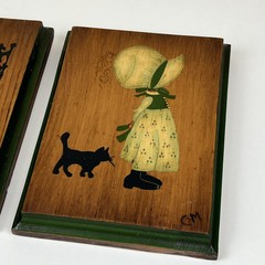 2 Vintage Hand Painted Child & Black Cat Wooden Art Wall Plaque Hanging Decor