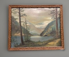 Antique 16×20” Original Oil On Hardboard Mountain Landscape Art W/Antique Frame