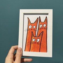 Cat Whimsical funny,cute,original,miniature Painting,small,mini,framed