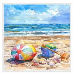 Watercolor Beach with Colorful Ball Blue Bucket Shells and Shovel on Sandy Shore