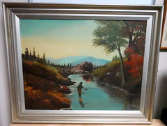 MELVIN A BOOTH „TROUT FISHING“ ORIGINAL OIL ON BOARD LANDSCAPE PAINTING 1966