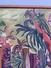 LARGE PAINTING MID CENTURY LANDSCAPE COASTAL TROPICAL PALMS MODERNIST MYSTERY