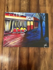 Original Oil Painting- Cafe 345 – Vibrant Street Scene Signed By Artist 16×20