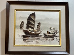 P. Wong Chinese Fishing Boats Oil On Canvas Nautical Framed