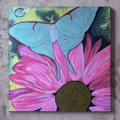 Blooming Moth Painting Canvas 24×24 Colorful couple Floral Art Original Acrylic