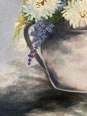 Vintage Original Painting Mums & Lilacs Floral Still Life signed framed 23×27.5″