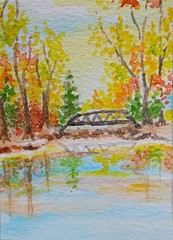 aceo original art Tiny Watercolor Painting Of Bridge In Arboretum In The Autumn
